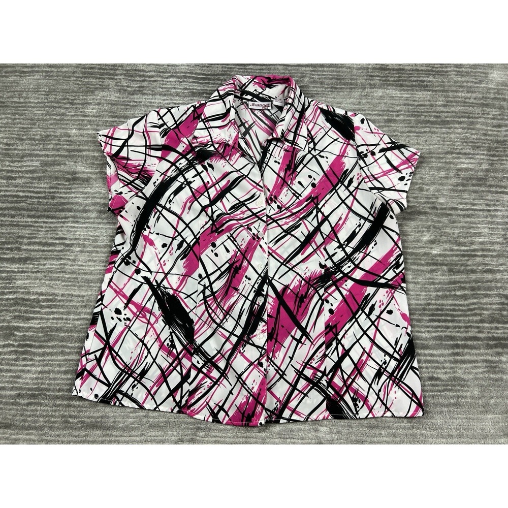 Joanna Top Womens 1X Multicolor Button Up Shortsleeve Polyester Art‎